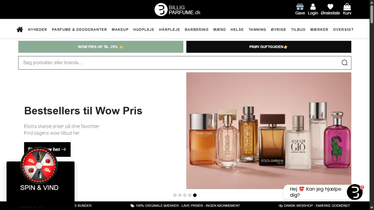 Udsnit af BilligParfumes webshop